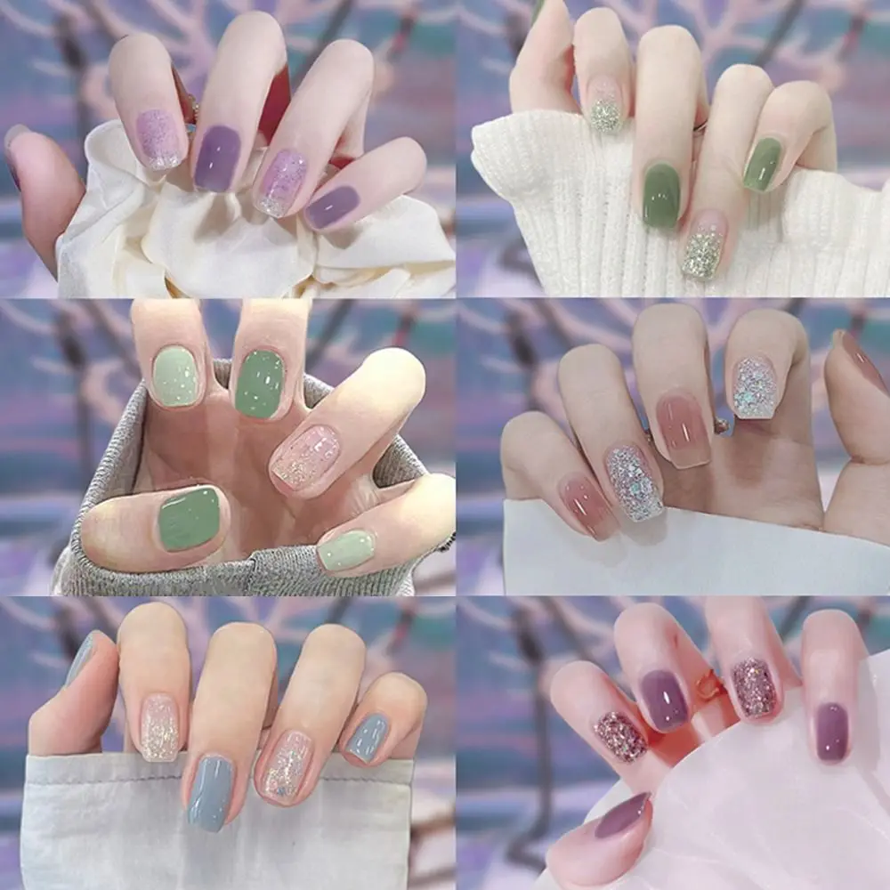 14Tips Foil Gel Nail Stickers Self-Adhesive Glittering Gel Full Nail Wraps Semi Cured Simple French Manicure Decal