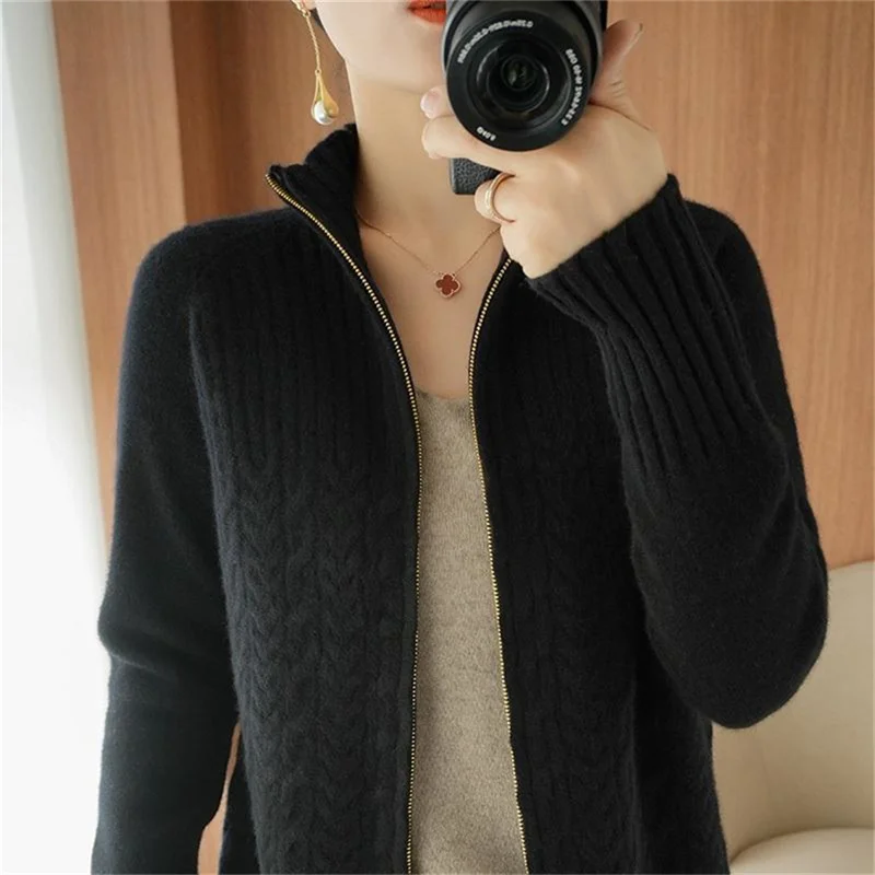 Women New Korean Zipper Sweater Cardigan 2021 Spring Autumn Female Short Loose Half Turtleneck Knitted Sweater Thread Coat A1133