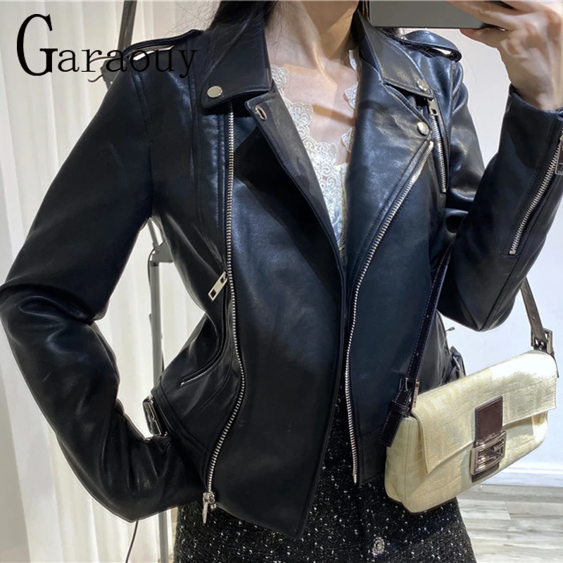 Garaouy novo 2022 outono inverno retro high street mulheres com zíper jaqueta de couro curto preto falso jaqueta de couro feminino solto mujer