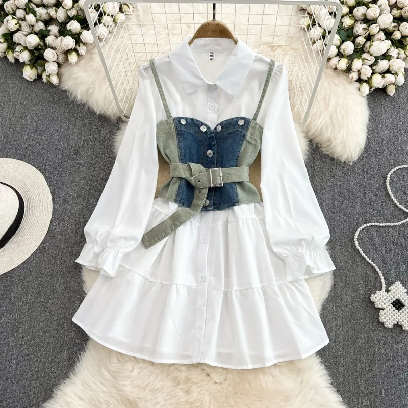 

Fashionable Casual Blouses and Denim Camisole Vest Women Vintage Style Long Sleeved Single Breasted Shirt Dress Two-piece Sets