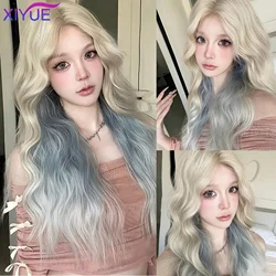 XIYUE Synthetic Light Golden long Wavy Bobo Wig Blonde blue Synethetic Natural Hair Wig for Women Daily Cosplay  ﻿