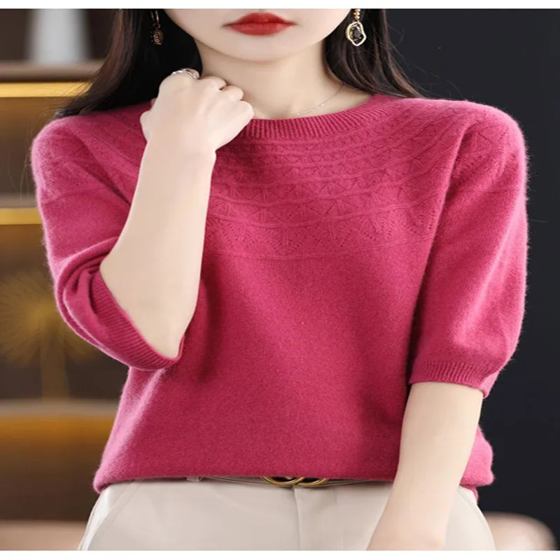 

23100% wool first-line ready-to-wear hollow round neck and short sleeves ladies' half-sleeve sweater bottoming shirt top summer