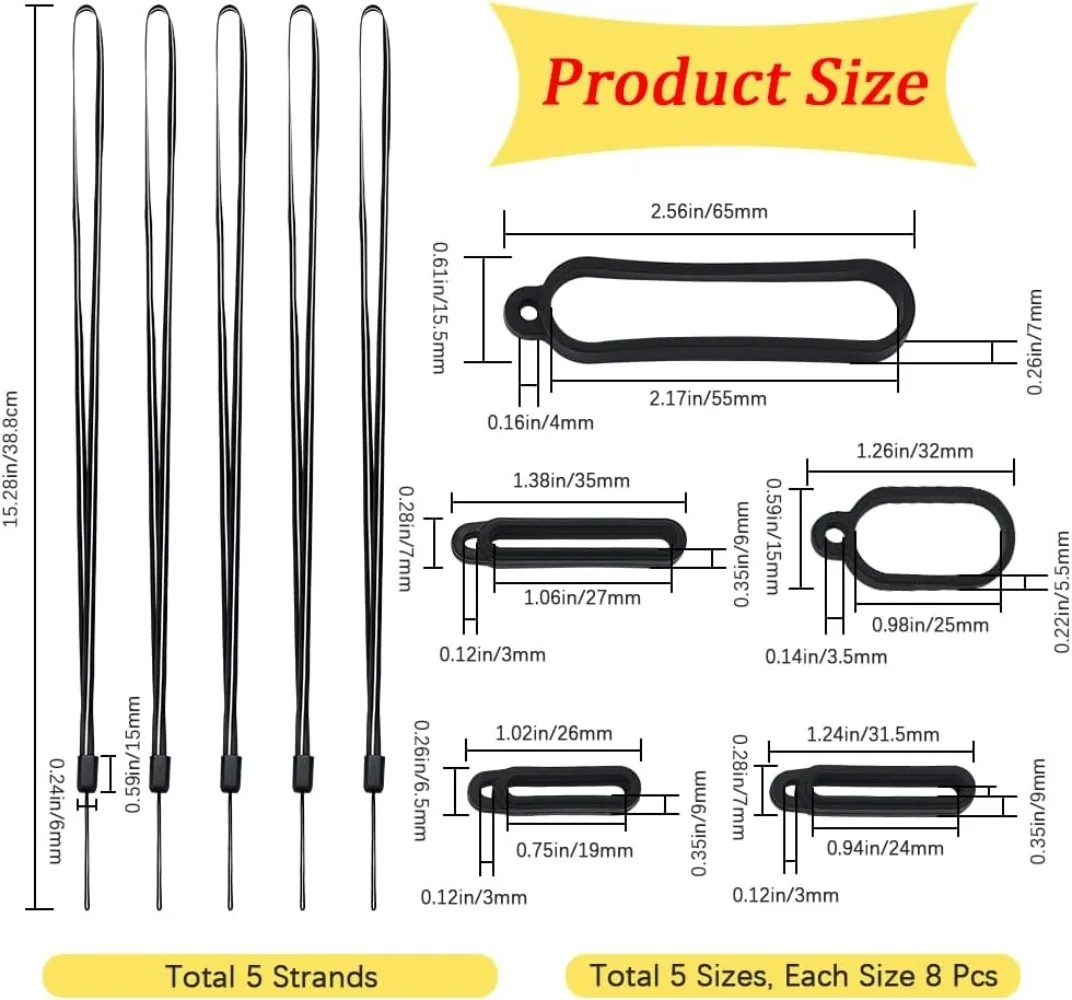 40PCS 13/16/19/25/55mm Anti-Lost Silicone Rubber Rings Holder with 5PCS Anti-Loss Pendant Strap String Lanyard Straps making kit