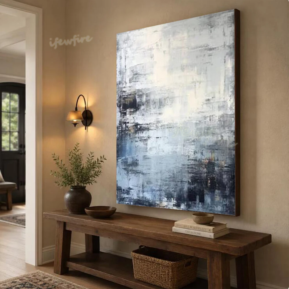 Top Abstract Oil Painting on Canvas - Modern Home Handmade Blue White Wall Art Picture for Living Room Decor Image Artwork Mural