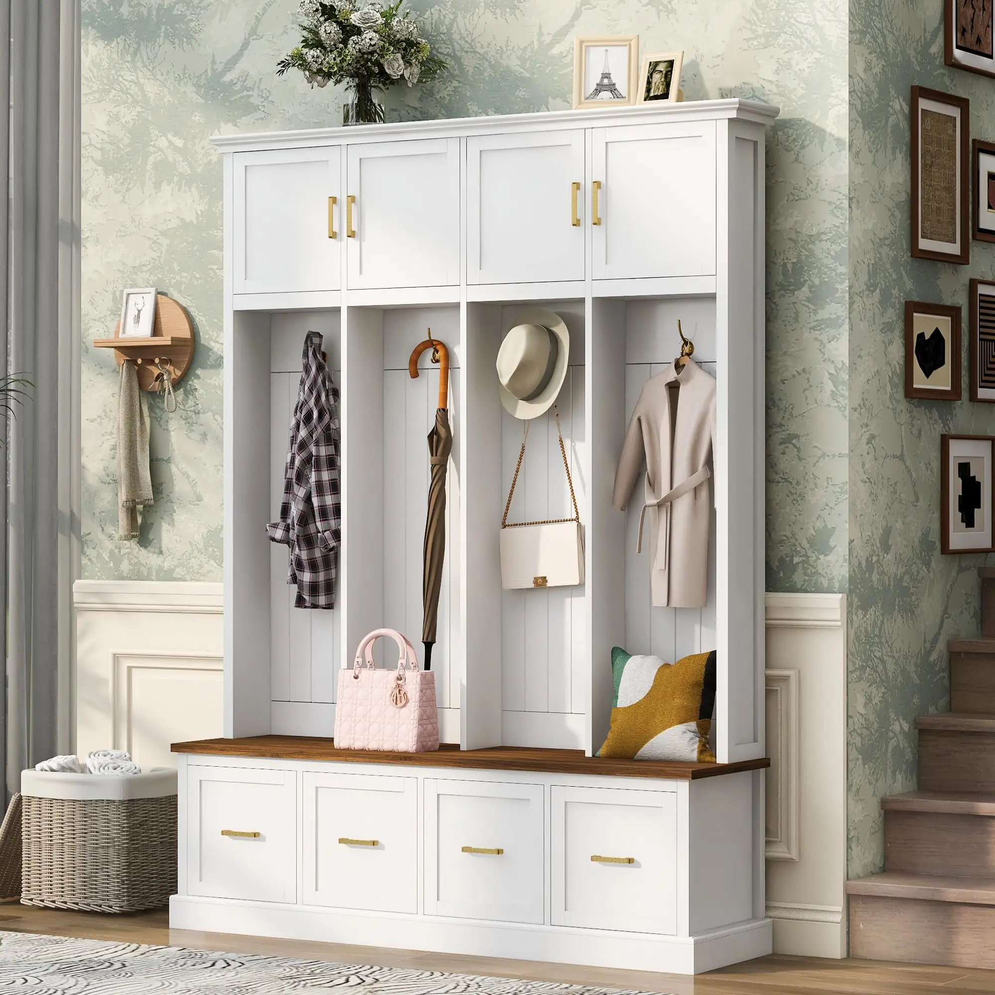 Farmhouse 59'' W Entryway Hall Tree with 4 Coat Hooks, Top Cabinets and 4 Drawers, Versatile 5-in-1 Wood Entryway Coat