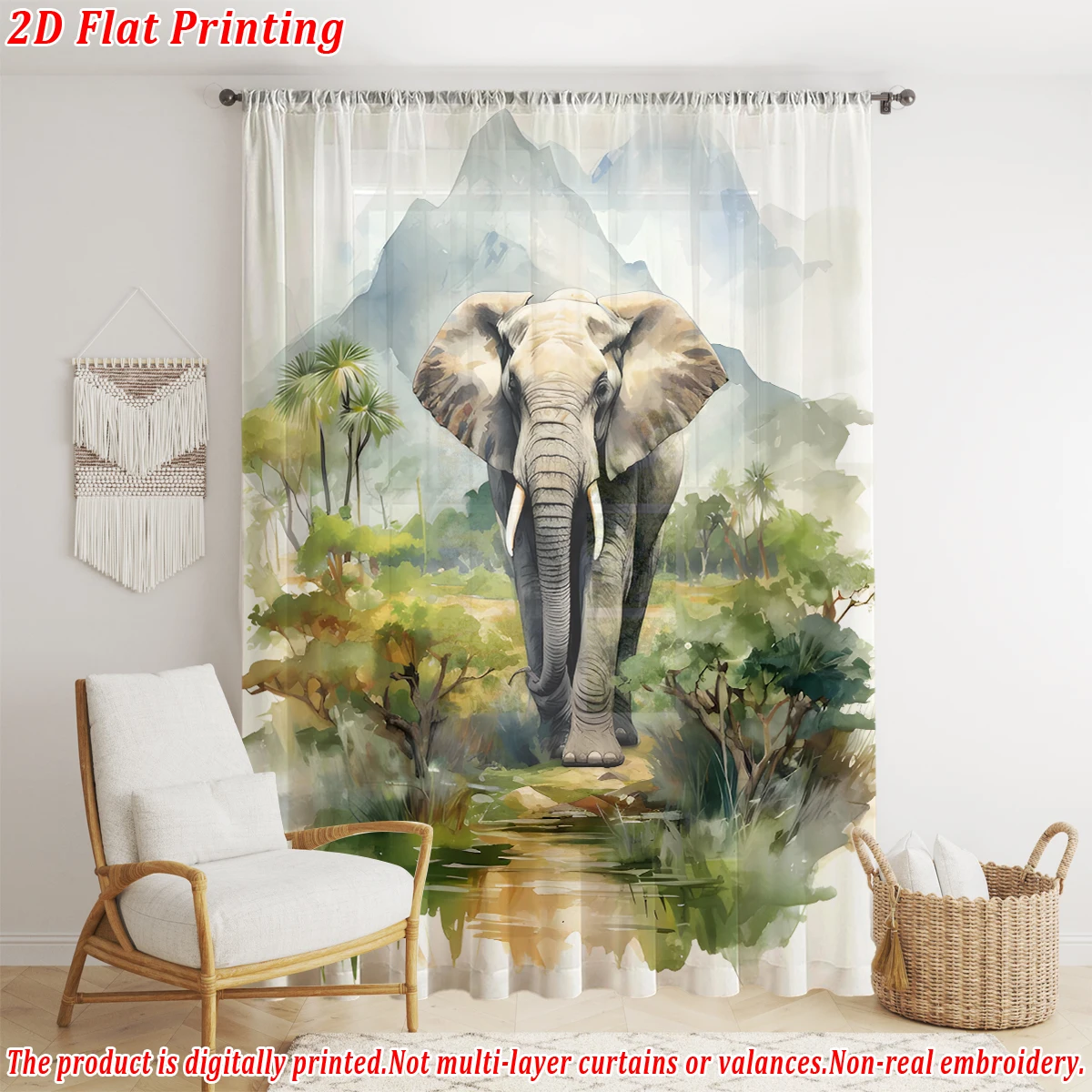 Elephant mountain forest Flat Printing Sheer Curtain，Light Fabric，for Living Room Bedroom Home Door and Window Decor
