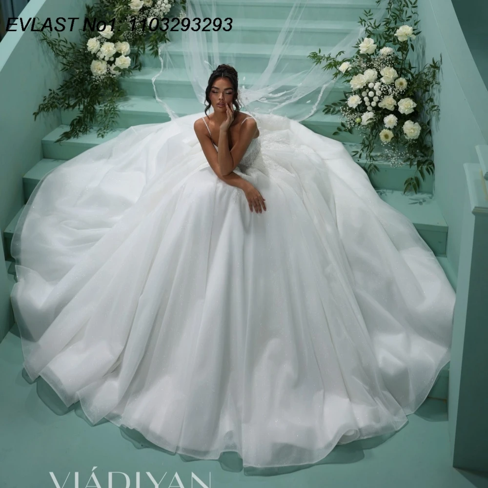 EVLAST Aangepaste Luxe A-lijn Trouwjurk Sweetheart Spaghetti Kant Applique Kralen Bruidsjurk Robe De Mariee TBD54