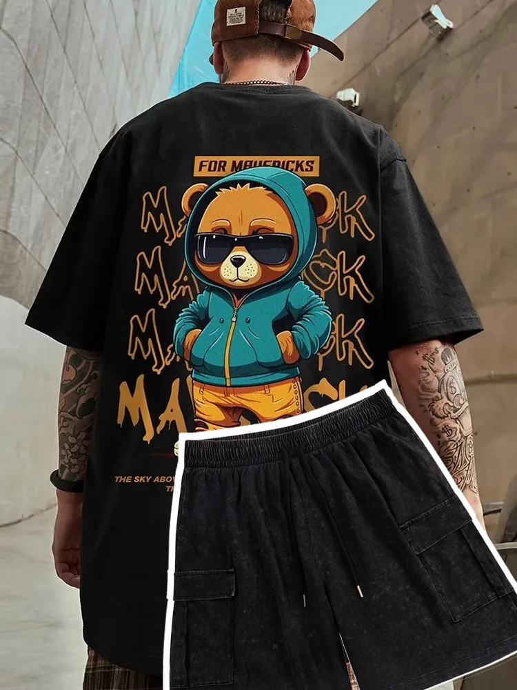 

Cotton Fashion Bear Pattern Printed Men's T Shirt Set Round Neck Loose Tops Street Comfortable Casual Oversized Women Clothing