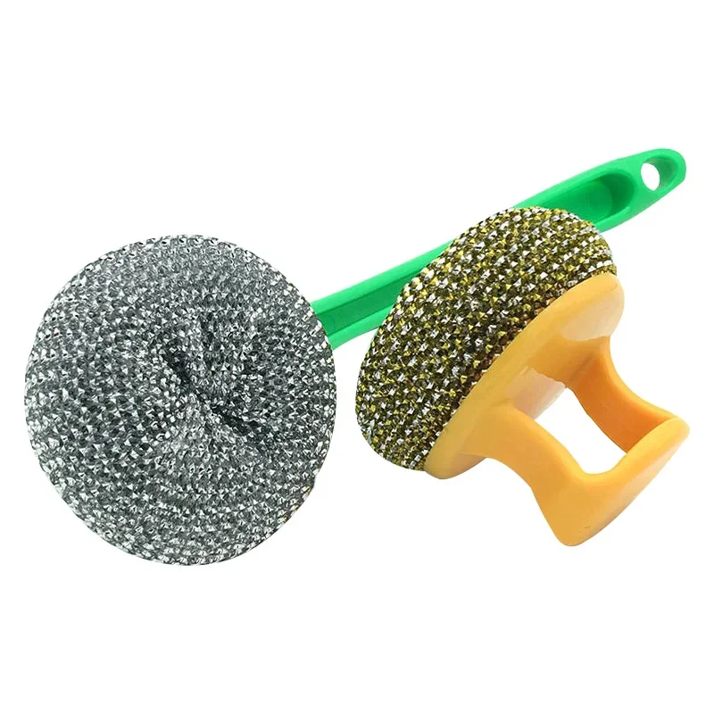 Steel Wire Ball Scrubber Dish Cleaning Brush Stainless Steel Long Handle Sponge Balls Cleaner for Washing Pot Dish Pan Bowl Tool