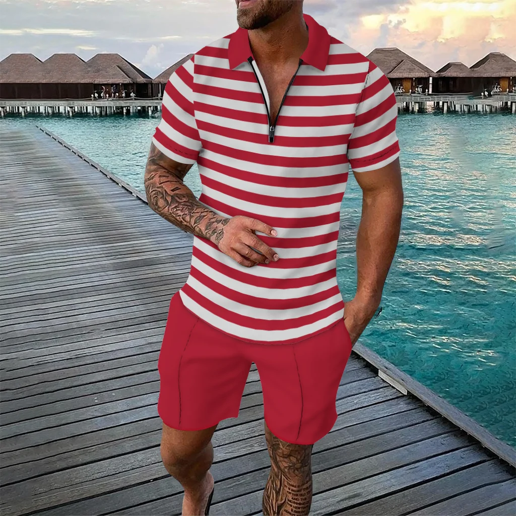 Men's Stripe Pattern Two Piece Sets Summer Casual Zipper Polo Shirt Shorts Outfits Fashion Daily Casual Breathable Oversize Suit
