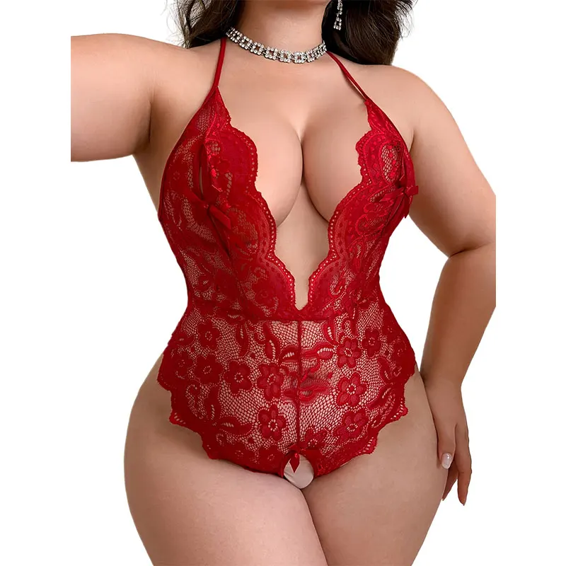 Plus-Size Women's One-Piece Panties Sexy Outfit Crotchless Thong Underwear Ultra-Thin Lace Lingerie Set With Open-Crotch Design