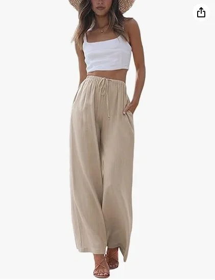 Pantalon surdimensionné pour femmes, décontracté, blanc, haute élasticité, Baggy avec cordon de serrage, Streetwear, couleur unie, coton et lin, jambes larges