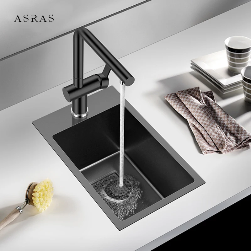 ASRAS Nanometer 304 Stainless Steel Handmade Kitchen Sink 220mm Depth Small Size Single Above Mount Bar Counter Kitchen Sink