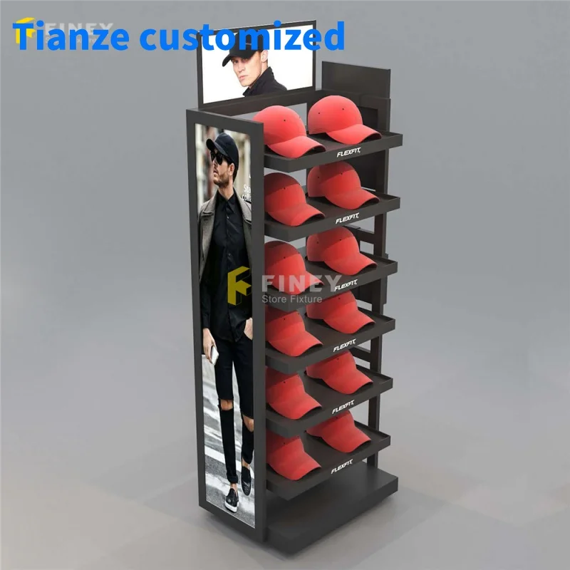 (Customized) Custom Floor Standing Metal Cardboard Cap Shop Display Rack Design Cap Stand Display