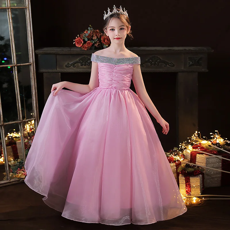Abito da sposa senza maniche pieghettato senza maniche con scollo monospalla per ragazze, abito elegante per bambini, compleanno/personalizzato