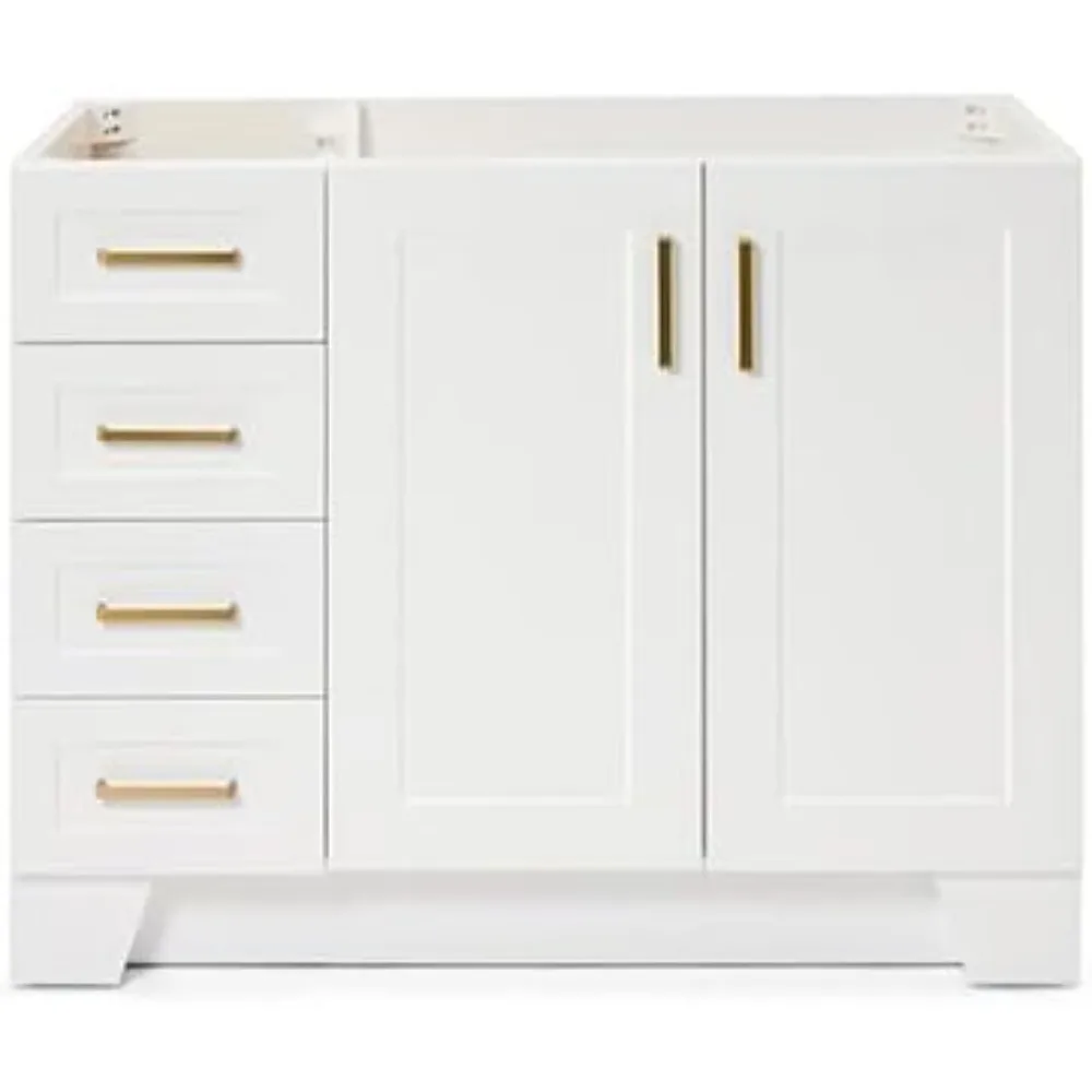 

43 "white bathroom vanity base cabinet, right offset sink configuration, 2 soft close doors, 5 fully extended dovetail drawers