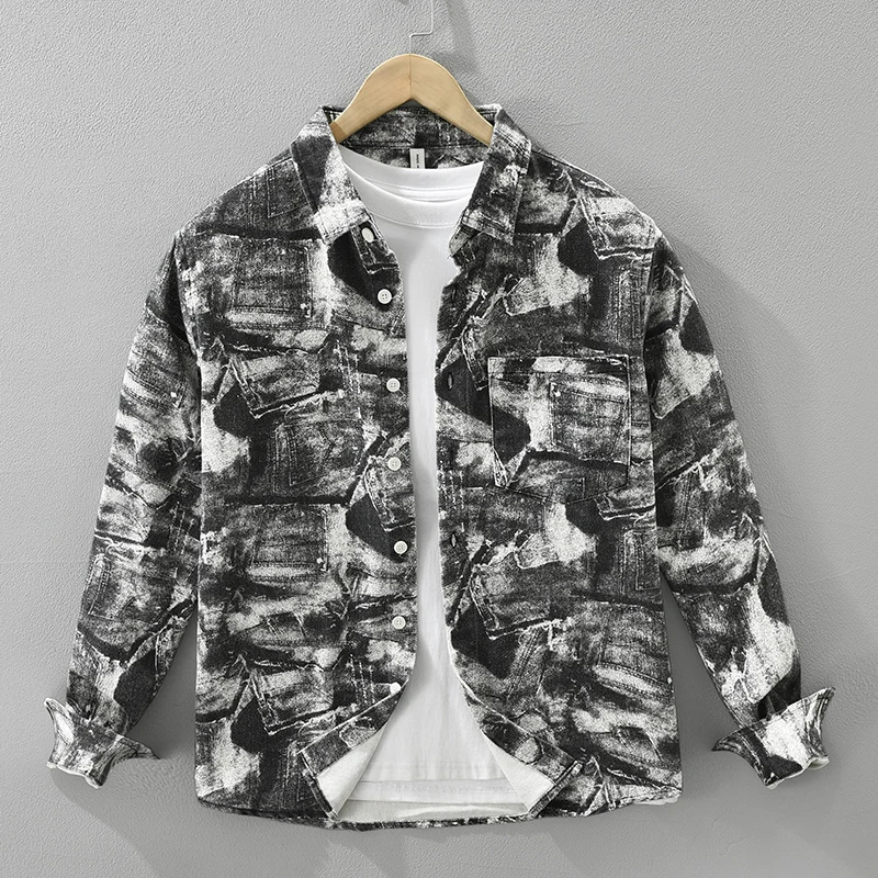 

2025 Autumn New Print Shirt for Men Cotton Loose Long Sleeve Shirts Oversize Fashion Men's Clothing