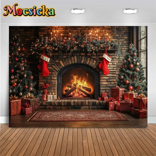 Imagen 2 del producto Mocsicka árbol de Navidad fotografía fondos hogar rojo regalos de Navidad decoraciones de nieve fiesta niño adulto foto telón de fondo papel tapiz