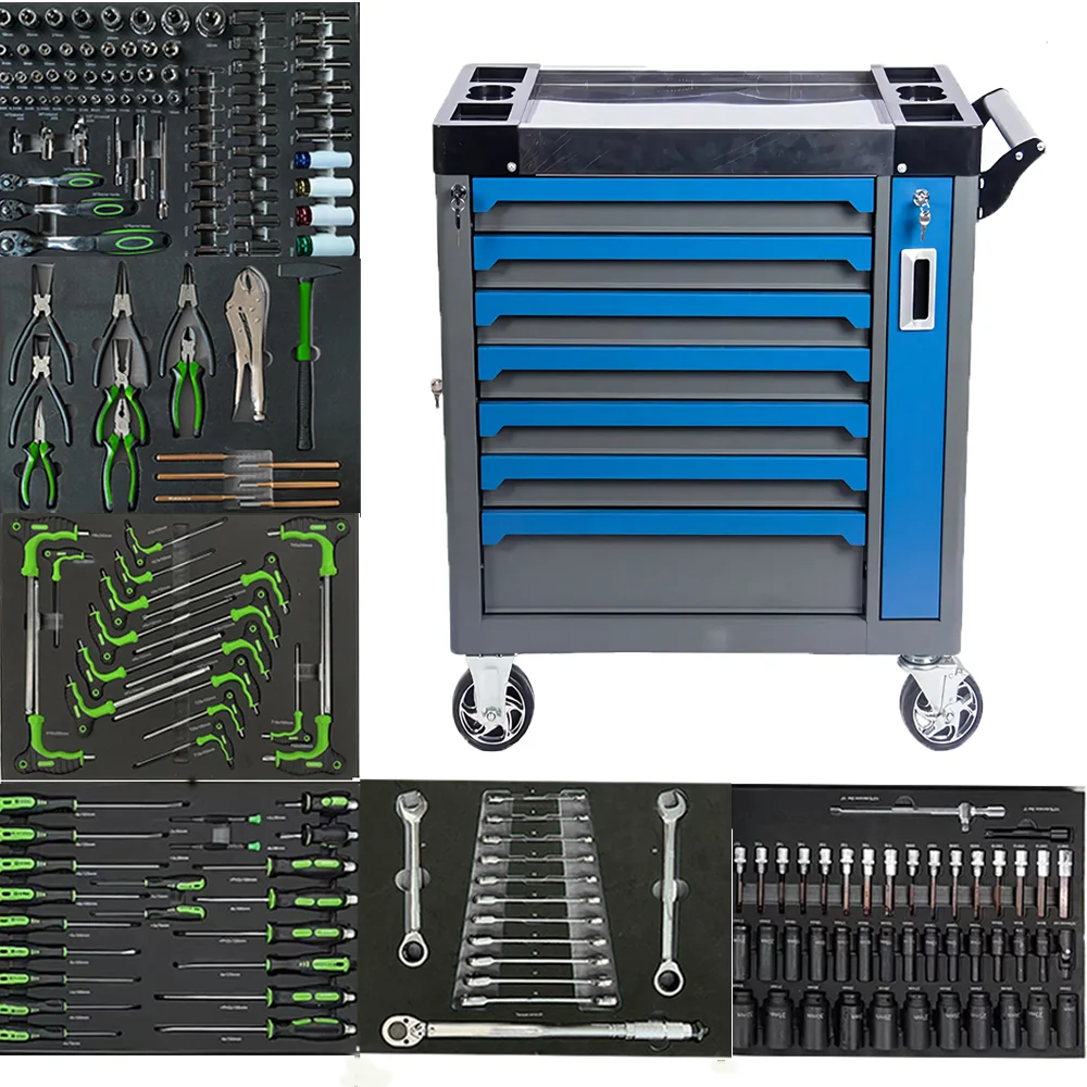 2025 Heavy 7-Drawer Stainless Steel Tool Chest 200-Piece Rolling Box Iron Trolley Cart Workshop Storage Garage Cabinet
