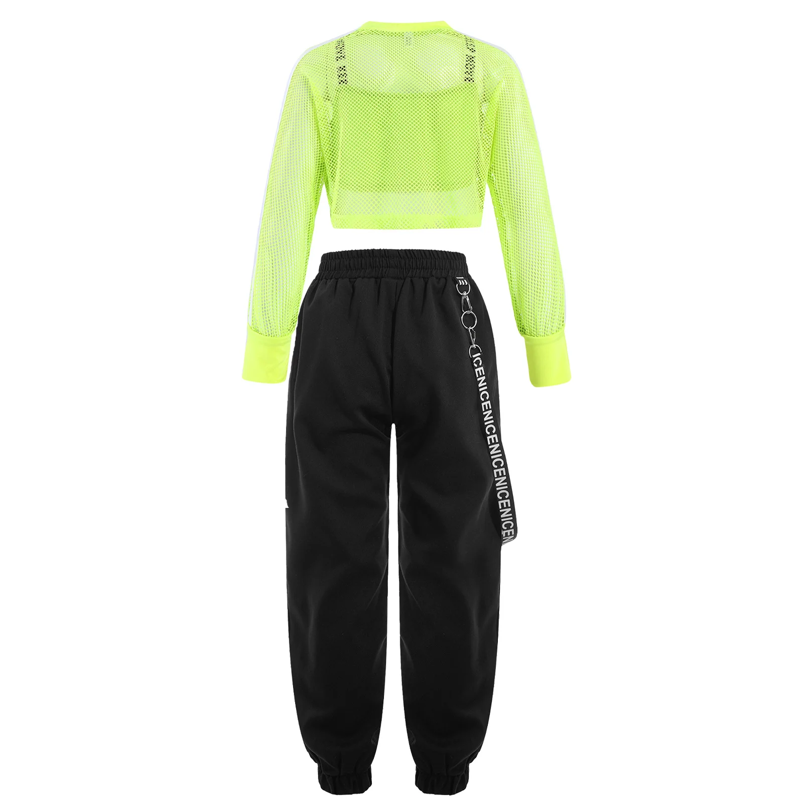 Kids Girls Fashion Hip-Hop Sport Outfit Jazz Street Dance Skateboarding Costume Long Sleeve Mesh Crop Top with Vest Chain Pants