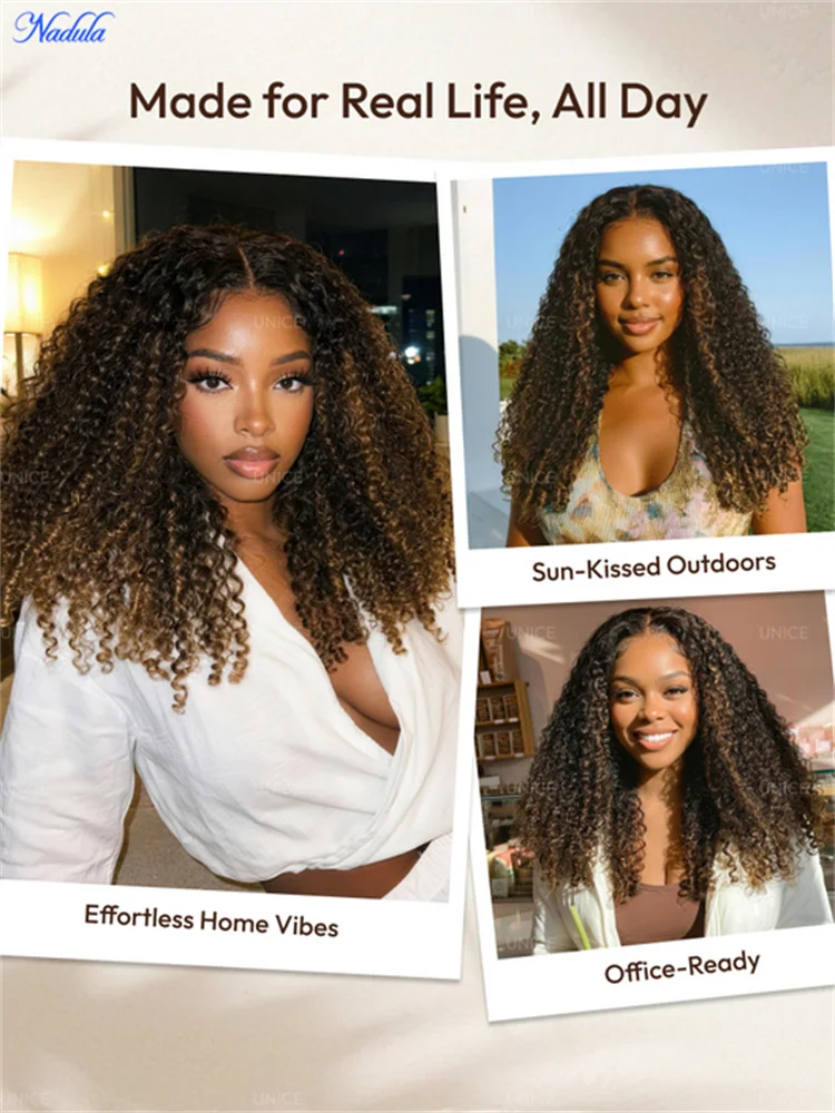 Nadula Burmese Curly Glueless Wig with Finger Coils End Chestnut Brown Ombre 7x5 Pre Cut HD Transparent Lace Pre Bleached Knots 100% Human Hair Wig with Drawstring Ready to Wear Suitable for All Heads Size view 7