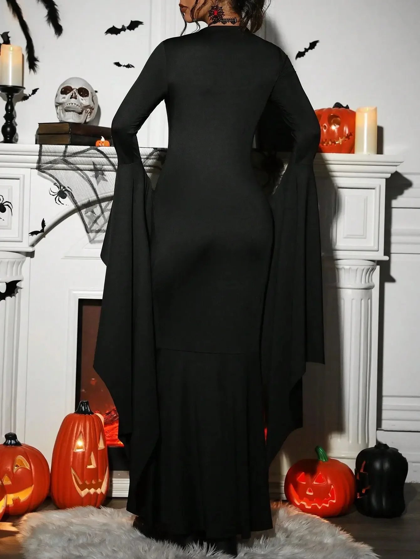 Moda feminina halloween vampiro traje recorte laço bodycon vestido de festa mangas trompete vestido de chão gótico roupas cosplay