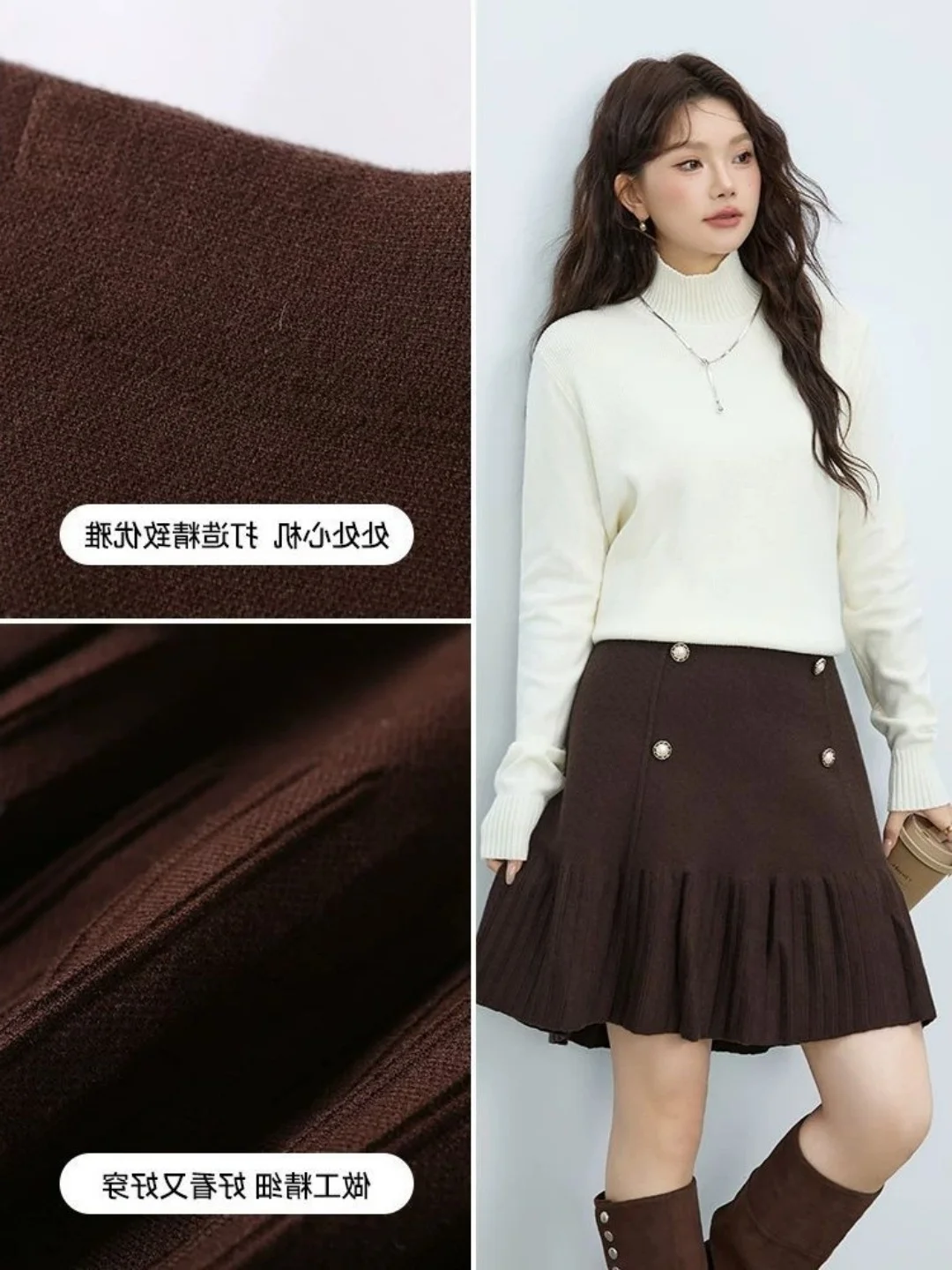 plus Size A-Line  Skirt High Waist Pleated Design Button Detail Casual Style for Women over 300 Pounds Fashionable Slimming