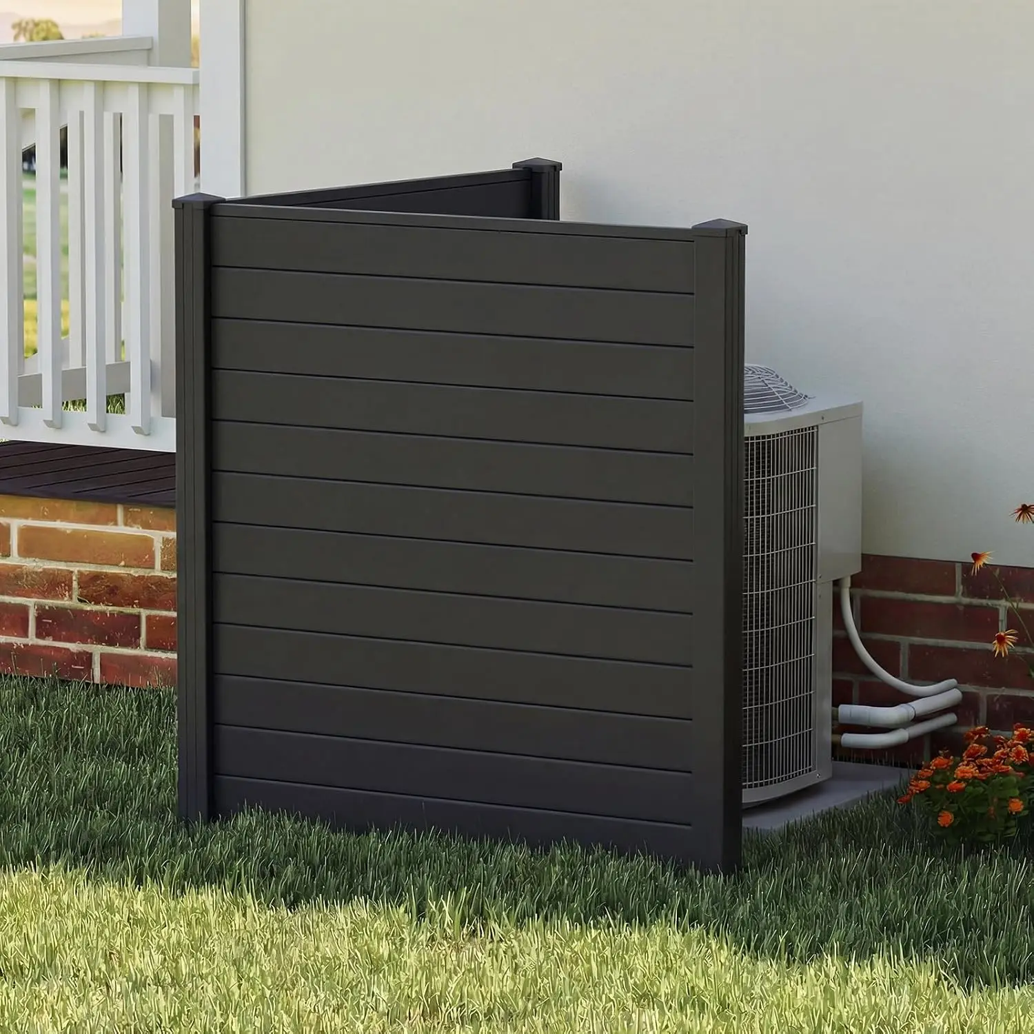 4 Panels Black Air Conditioner Fence with 6 Metal Stakes, Customized
