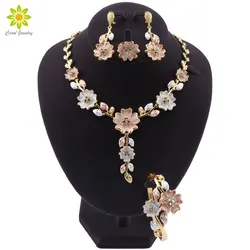 Dubai Jewelry Set for Women Wedding Dress Accessories Gold Color Flower Shaped Necklace Earrings Bracelet Ring Set