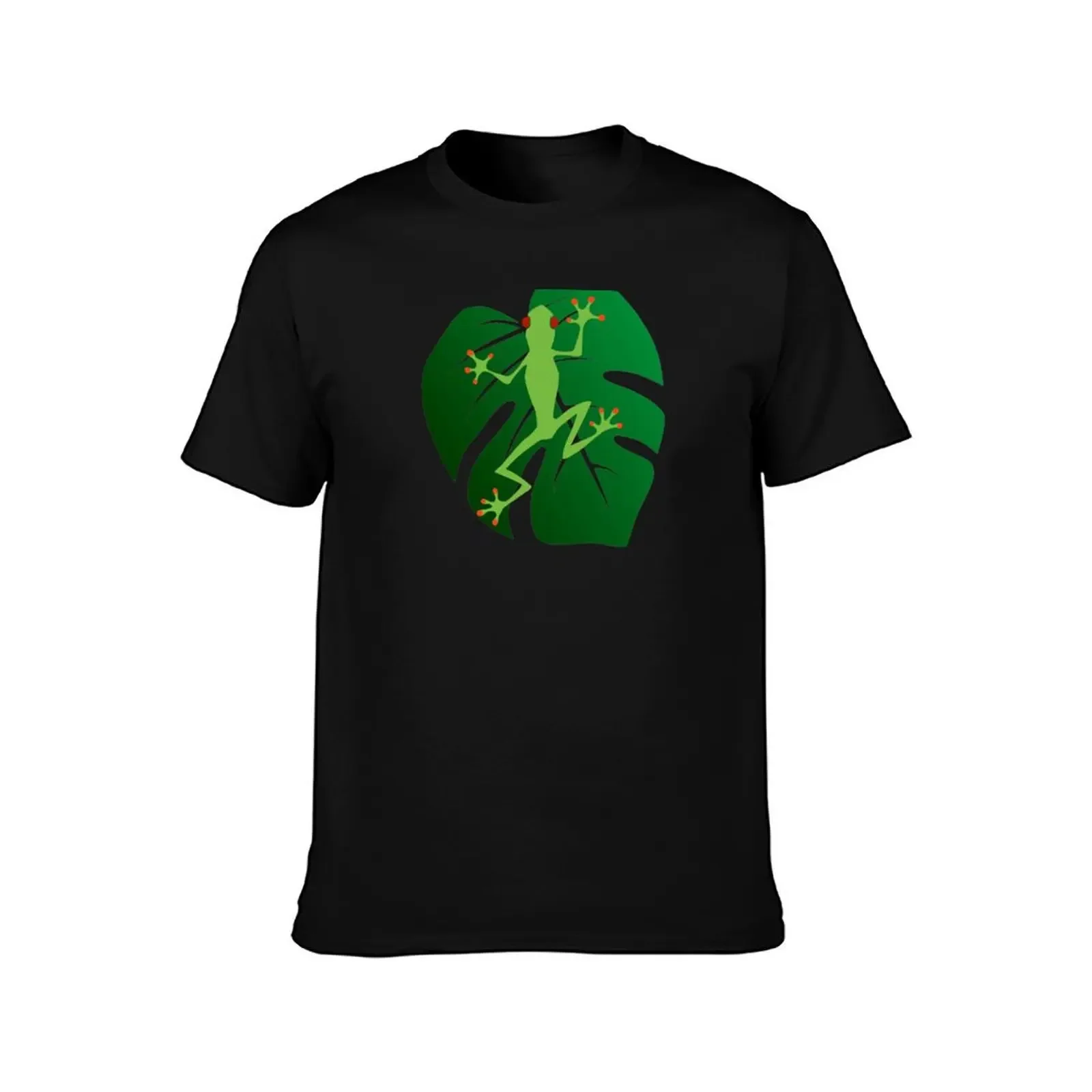 Rainforest green frog with tropical leaf. T-Shirt man clothes cute clothes plus size clothes black t-shirts for men