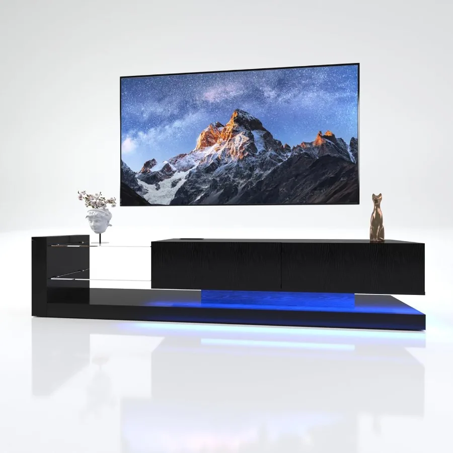 LED TV Stand for 55 65 75 Inch TV Modern Entertainment Center with Tempered Glass 50 60 70 Inch TV Console Gaming Media Console