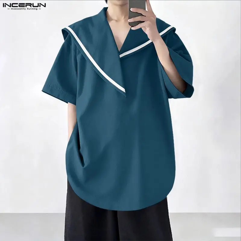 INCERUN Kemeja Pria Patchwork Kerah Biru Laut Lengan Pendek Longgar Atasan Pria Pakaian Jalanan Musim Panas Gaya Korea Fashion Pakaian Pria Kasual
