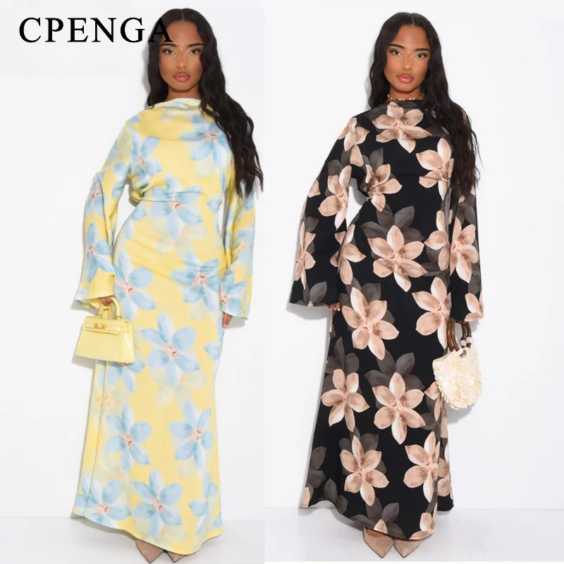 

Summer Dubai Floral Print Long Sleeve Abaya for Muslim Women Islamic Holiday Outfit Ramadan Eid Arabic Traditional Dresses 2026