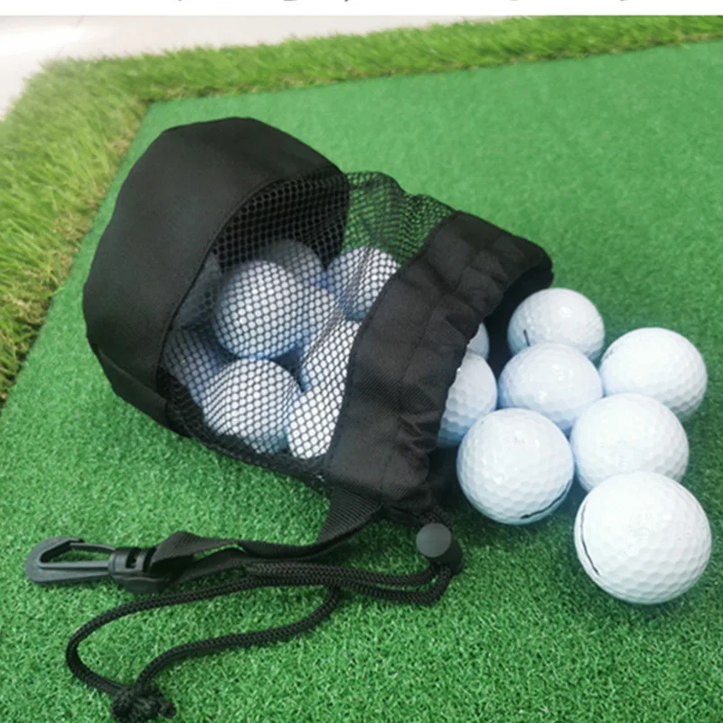 Black Polyester Drawstring Golf Bag,Closure-Mesh Pocket Golf Ball Storage Bag with Drawstring