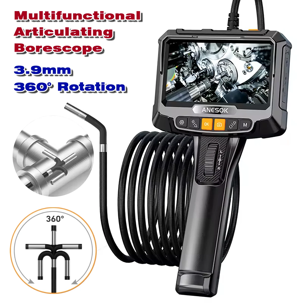 3.9mm 360 Piping Rotary Controlled Video Endoscopes Cable Camera Rotation With Articulation 1080p Full HD For Cars Ingoscope