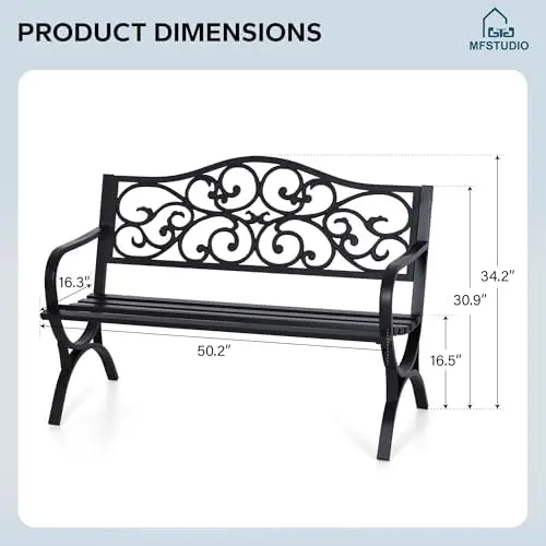 50 Inches Outdoor Garden Bench Cast Iron Metal Frame, Floral Black | E-Coating Anti-Rust Finish, Weatherproof Outdoor
