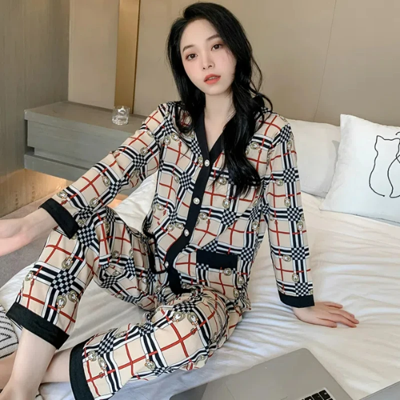 Women\'s Pajamas Set Cotton Button New Korean Cute Print Pijamas Set for Women Femme Nightwear Loungewear Autumn Sleepwear