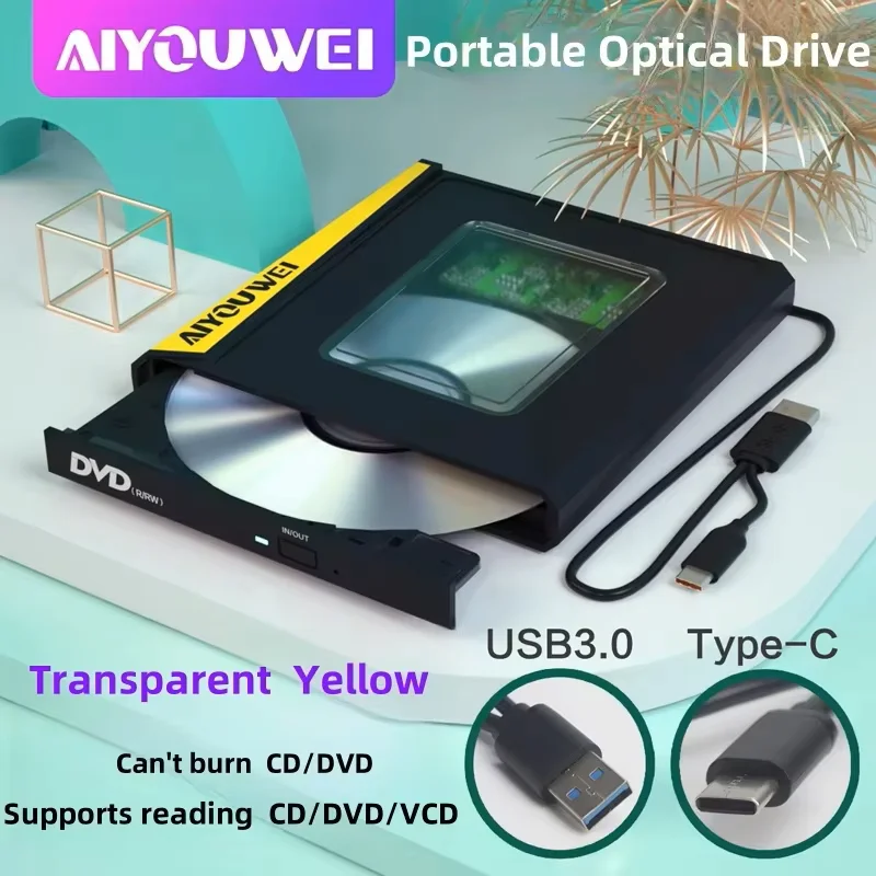 New USB 3.0 Type-C external DVD/CD drive, featuring both high-speed DVD burner and player functionality, compatible with desktop