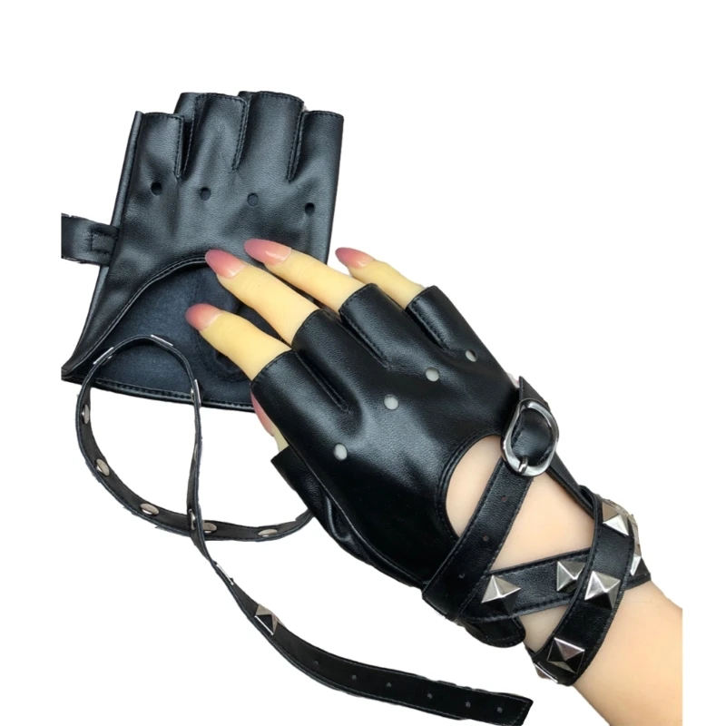 

Women PU Black Gloves with Adjustable Strap Half Finger Gloves Rivet Studded RockRoll Gloves Cosplay Costume Accessories