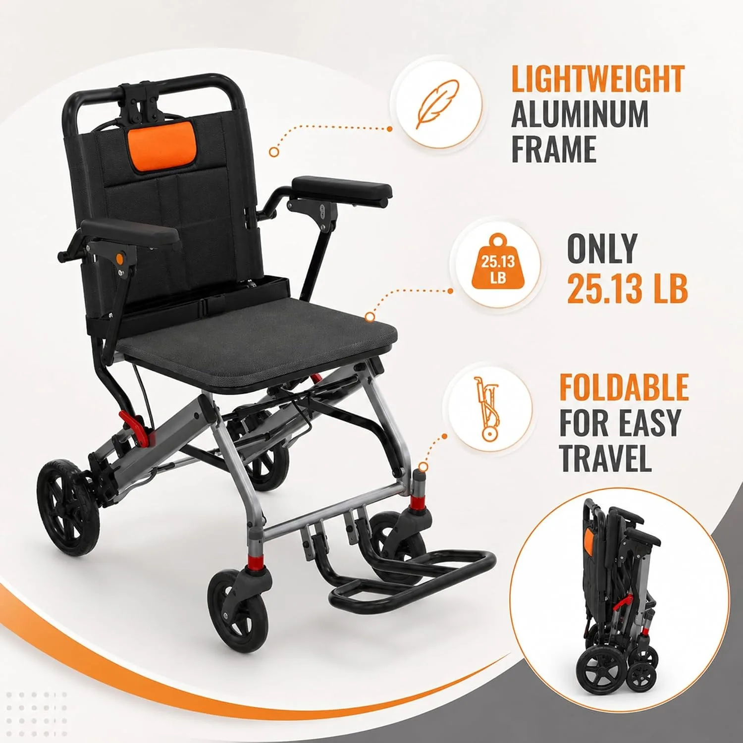 Lightweight Folding Transport Wheelchair for Adults 25 LB Aircraft Grade Aluminum Frame Wide Seat Flip Back Padded Armrests Swing Away Detachable Footrests Portable Travel Mobility Chair Gray Orange