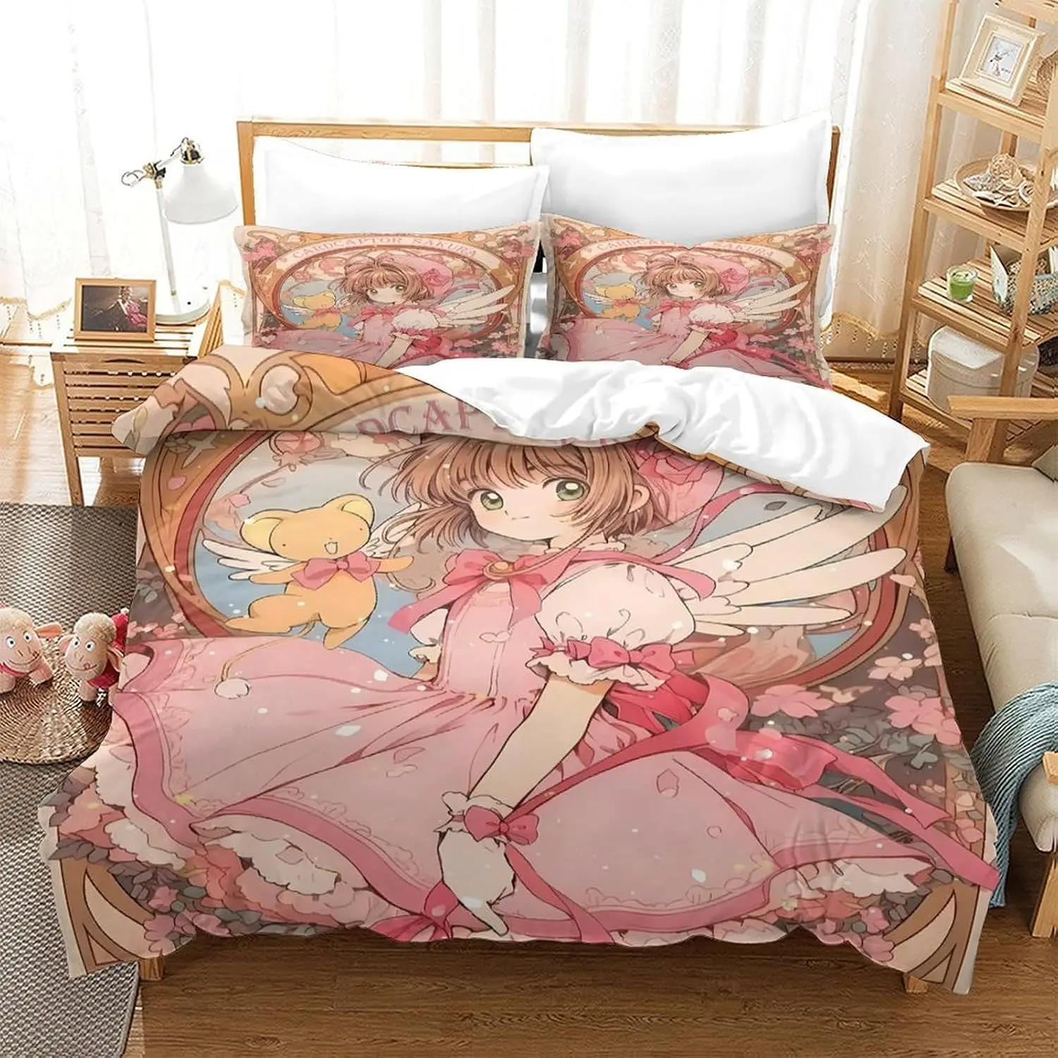 Anime Girl Pink Dress Quilt Cover 135x200cm With 1 Pillowcase 3D Design Printed Cartoon Duvet Cover For Girls