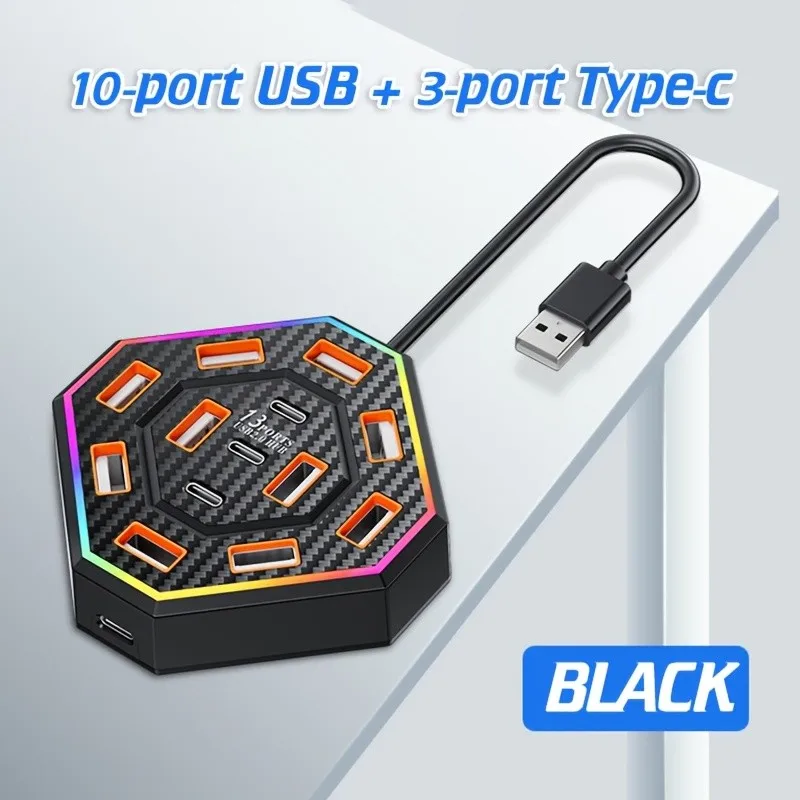 13-Port RGB USB-Hub 2.0 Splitter Multi-Port USB Typ-C Erweiterungsadapter Plug-and-Play für Laptop, PC, Desktop