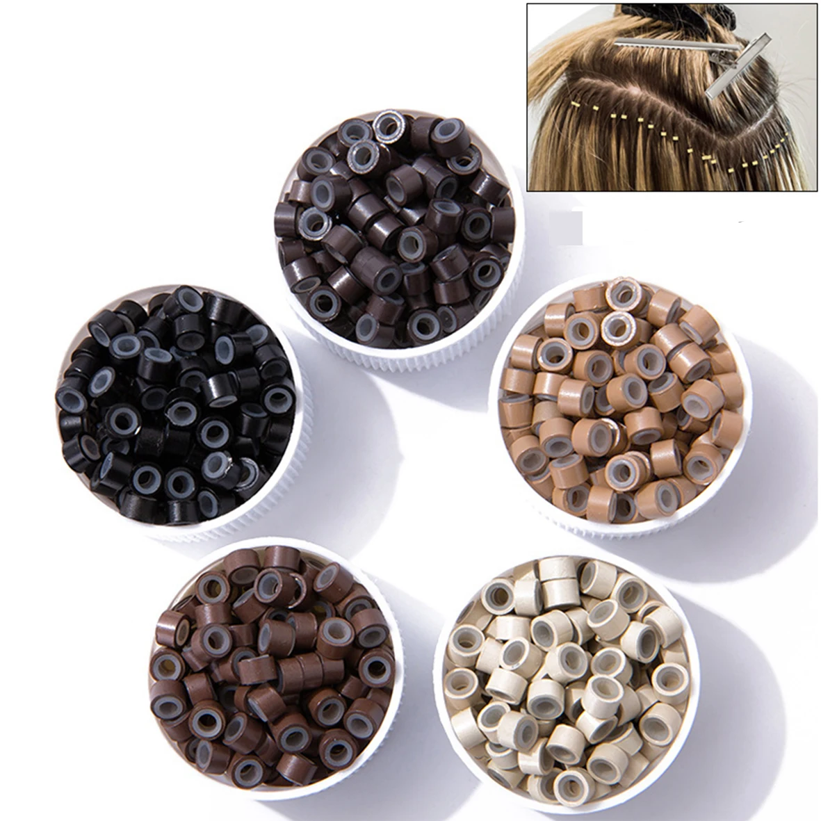 500Pcs Hair Extentions Micro Rings Links Beads 5mm Silicone Lined Beads for Human Hair Extensions Tool-Multi-colored