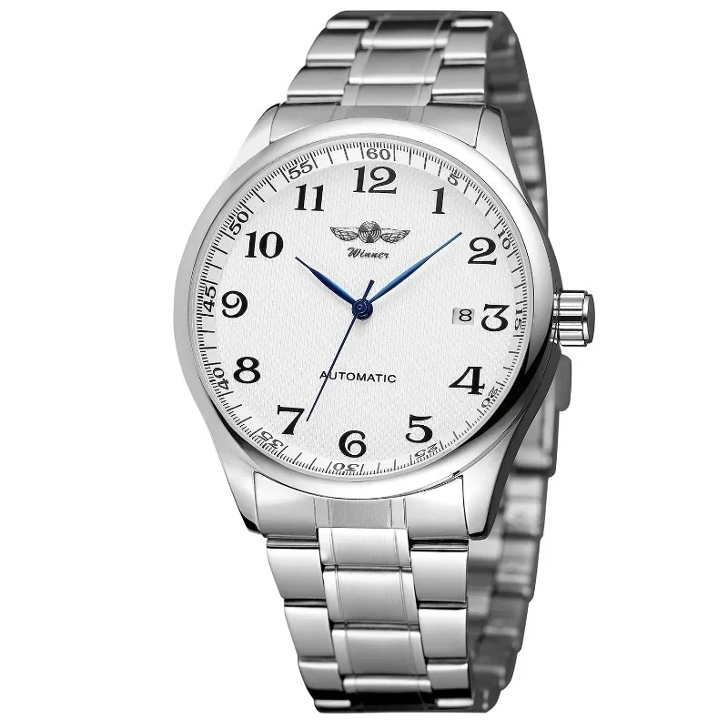 WINNER Watch Men Minimalist Business Watches Silver Stainless Steel White Dial Auto Date Automatic Mechanical Wristwatches Men