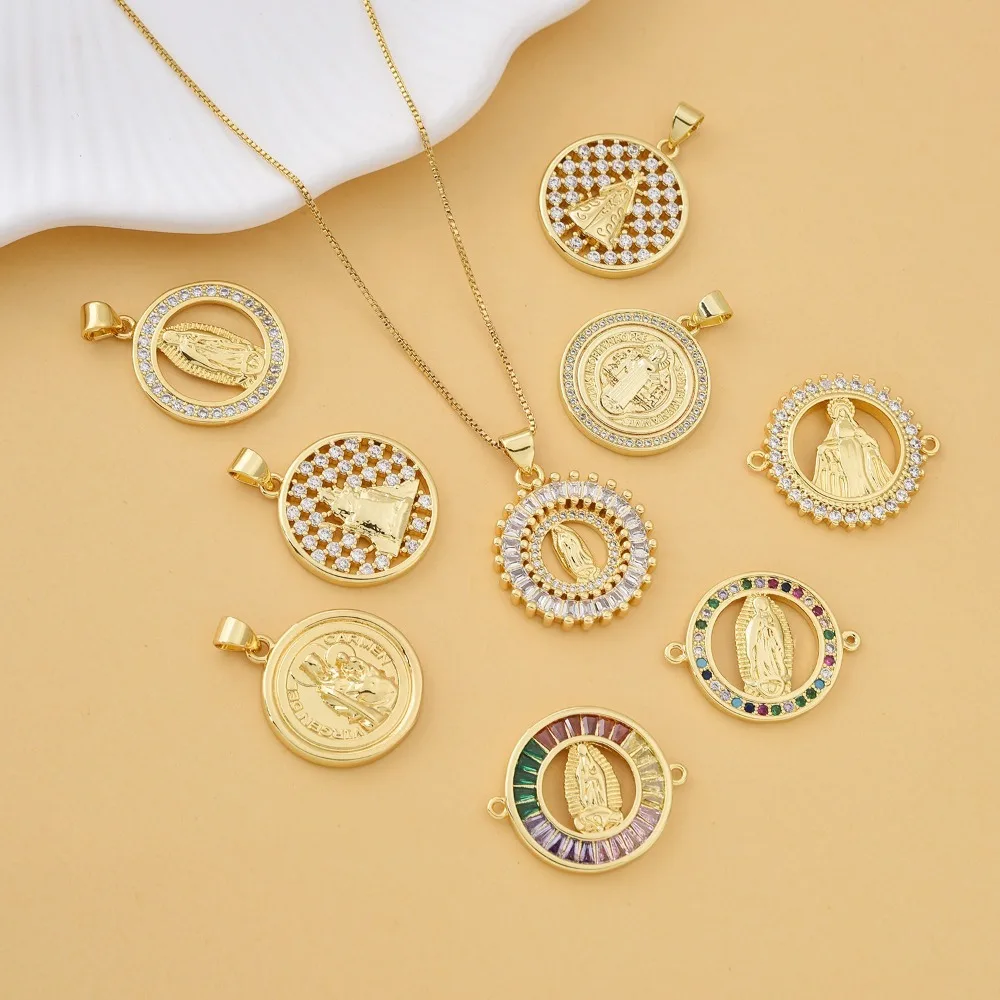 2Pcs Virgin Mary Pendant DIY Necklace Bracelet Jewelry Making Brass Plated Gold Micro Inlay Zircon Round Hollow Charm Accessorie