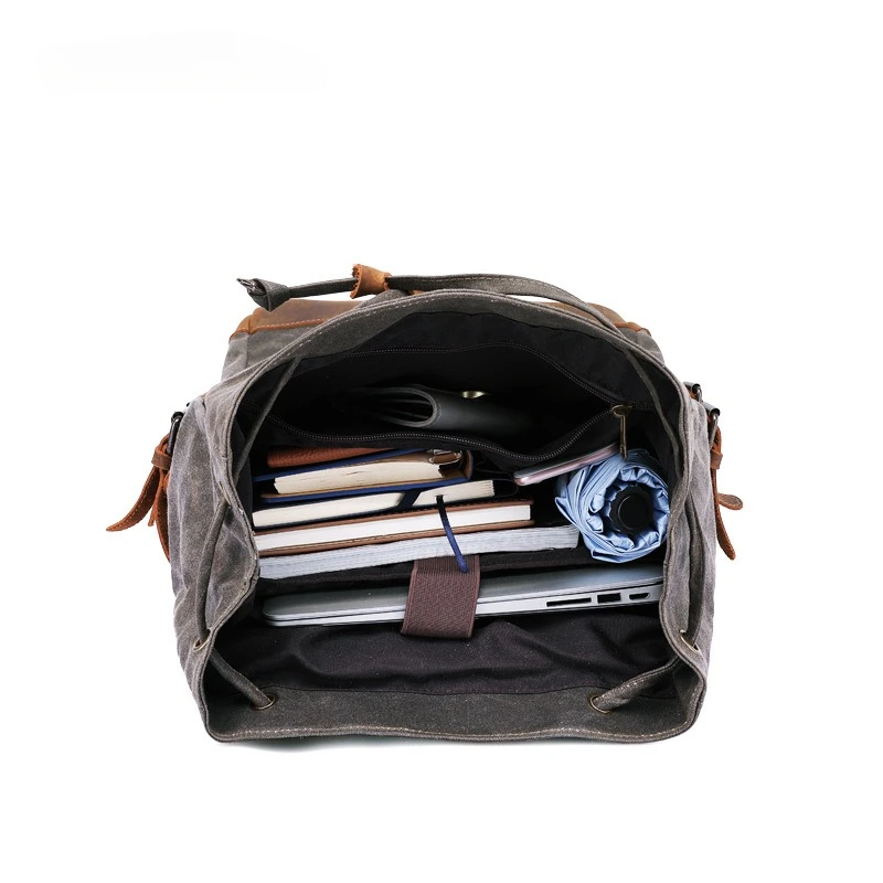New Wax Canvas Bag with Genuine Leather Travel Outdoor Backpack Horseskin Men\'s Bag