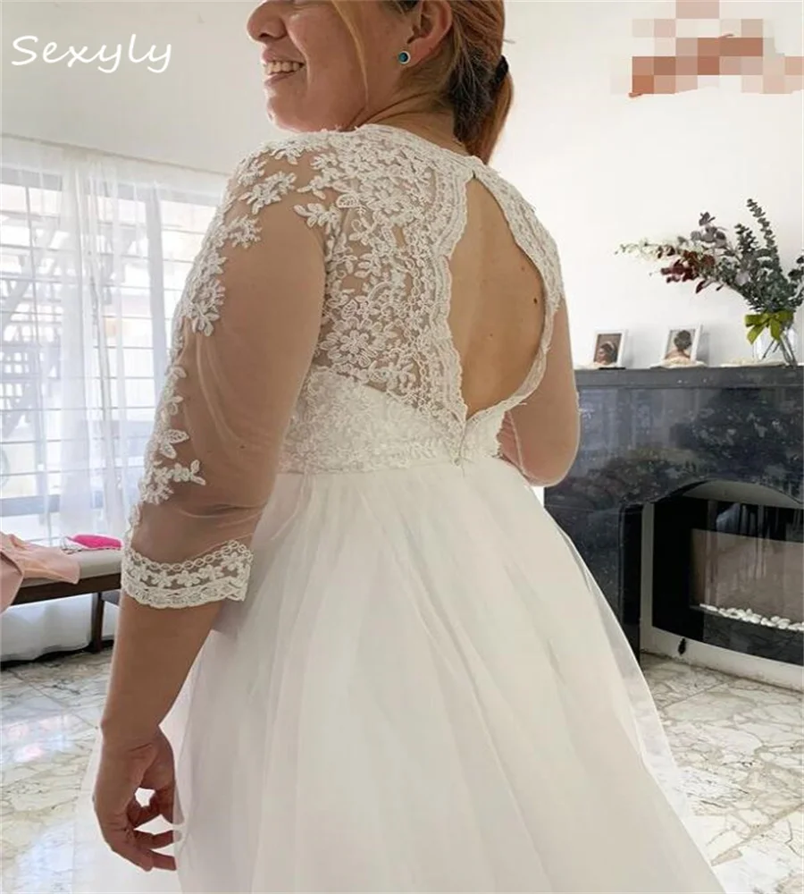 Country Style White Wedding Dress Illusion Lace Sleeve Tulle Boho Beach Bride Dress Sexy Open Back Bohemian Bridal  Customized