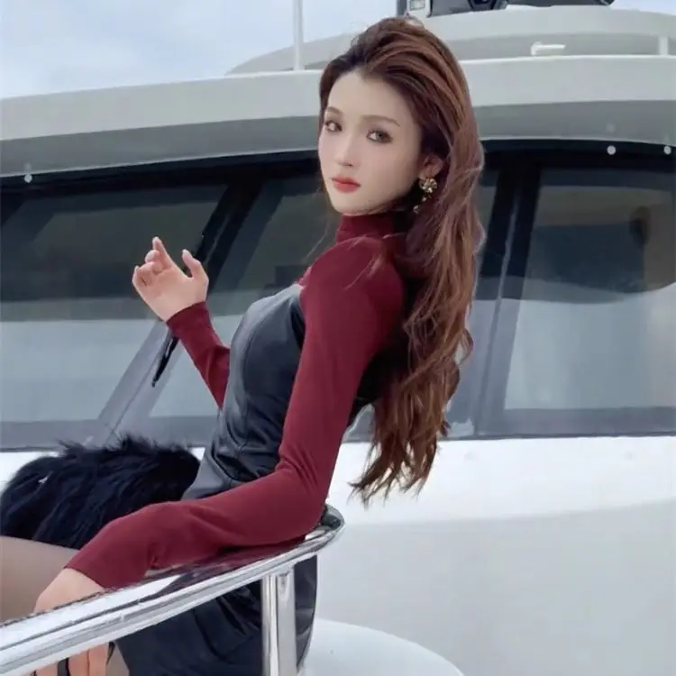 인터넷 셀러브리티 패션 핫 드레스 여성용 2025 가을 겨울 신상 대비색 스플라이싱 슬림 핏 미디 스커트