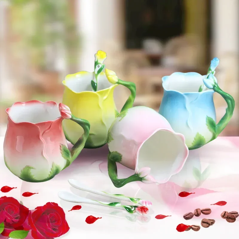 European Style Enamel Ceramic Coffee Mug Creative 3D Rose Flower Shape Teacups Pastoral 4 Colors Breakfast Milk Cups With Spoon