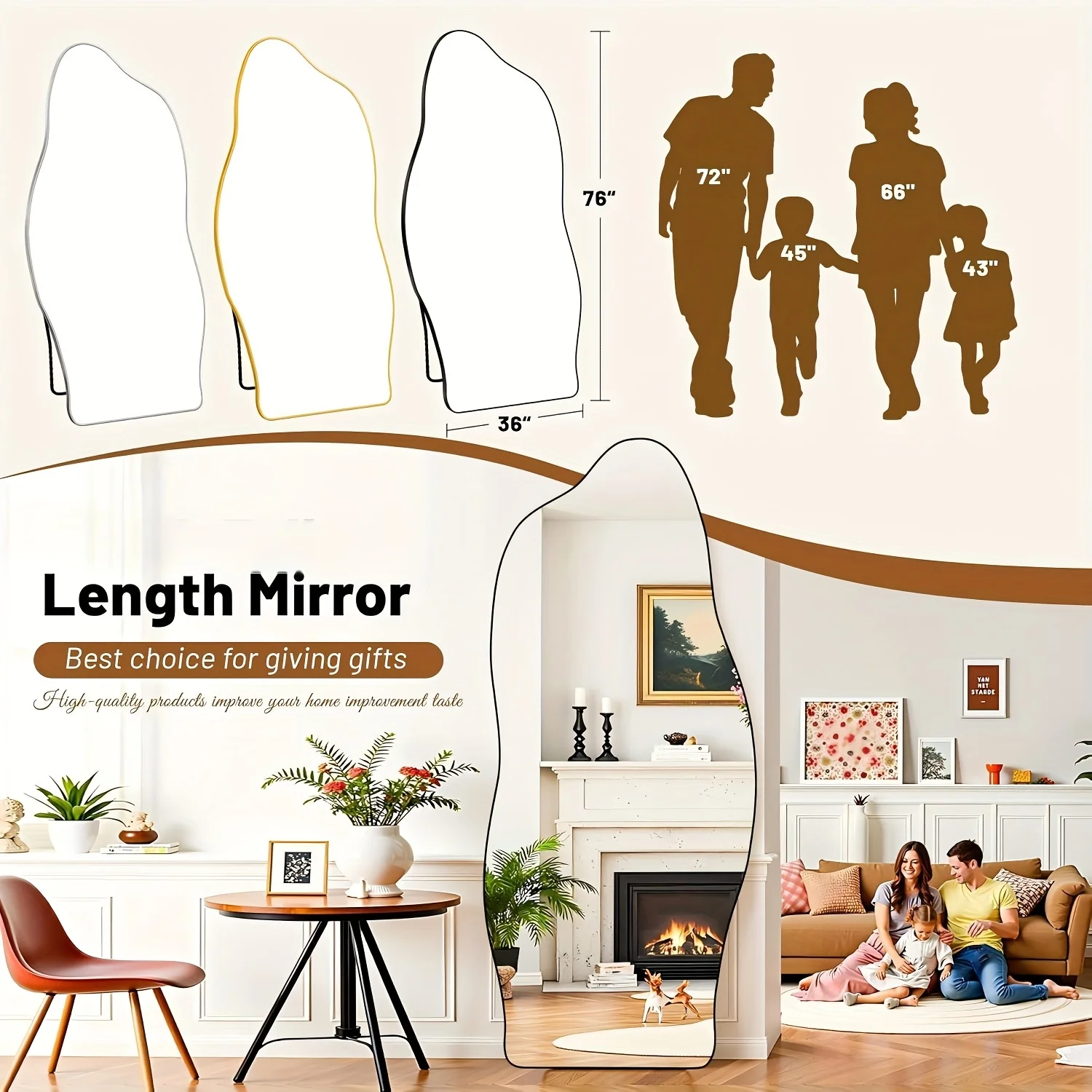 Full-Length Floor Mirror with Wavy Silhouette – 76×36 in or 81×41 in Adjustable Height Stand, Brushed Metallic Frame & Clear Tempered Glass Surface for Bedroom, Living Room or Entryway Decor view 3